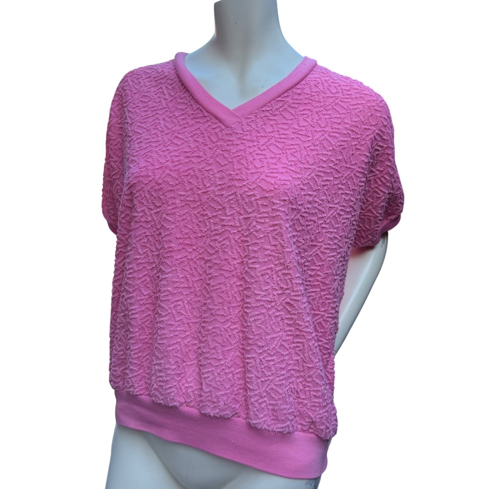 Vintage Eaton Select Pink Textured V-Neck Top Short Sleeve Retro Barbiecore M